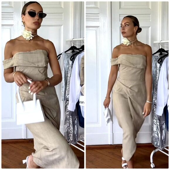 Zara Midi Slip Dress Womens Small Asymmetrical Taupe Neutral Sheath 3265/332 - Picture 2 of 8